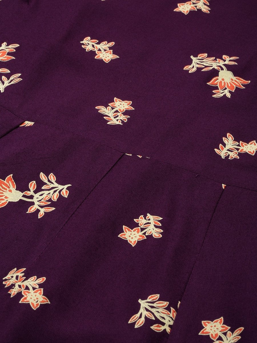 All About You Women Purple Floral Print Regular Kurta with Trousers