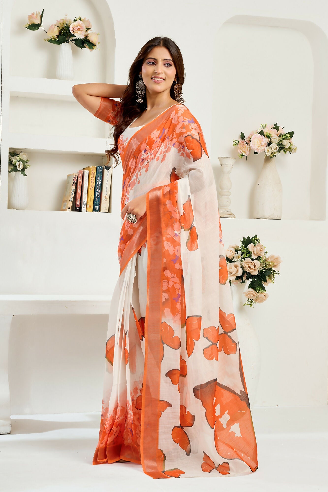 Vastranavya White Orange Digital Printed Linen Ready To Wear Designer Saree with Unstitched Blouse