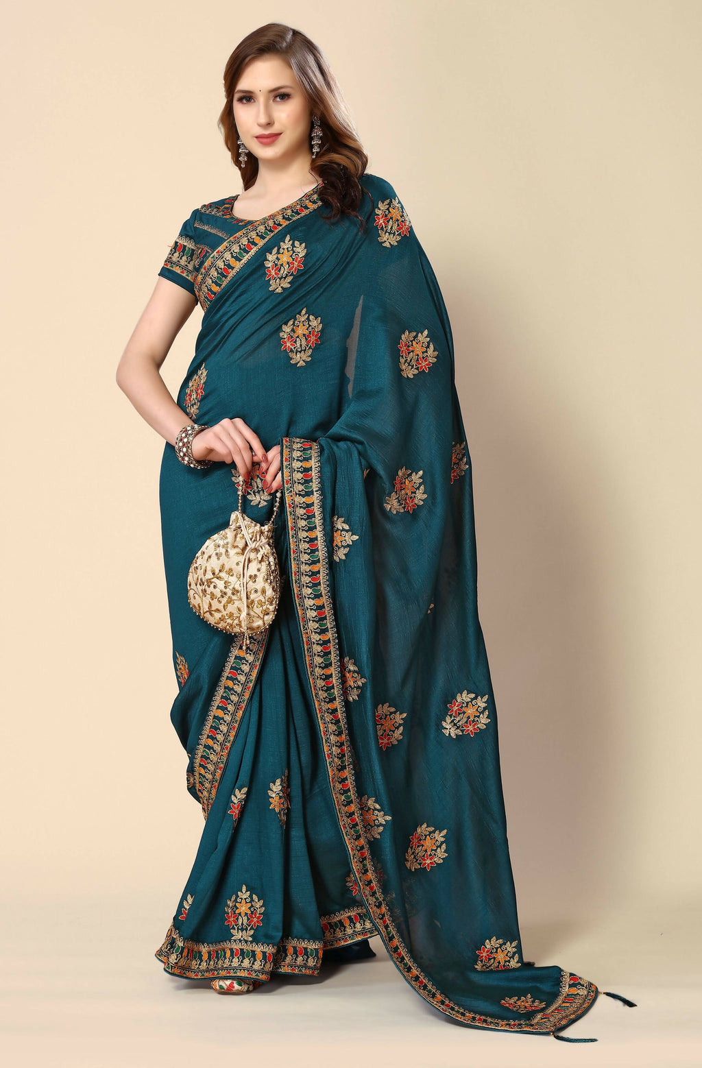 Teal Chinon Embroidered Saree with Unstitched Blouse Piece - Roozal