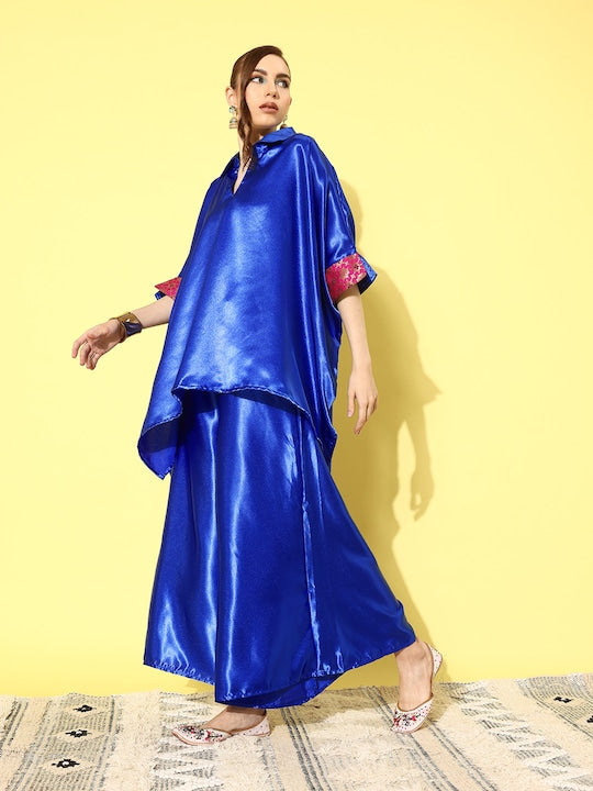 InWeave Women's Blue Pink Brocade Satin Boho Kurta Palazzo Set