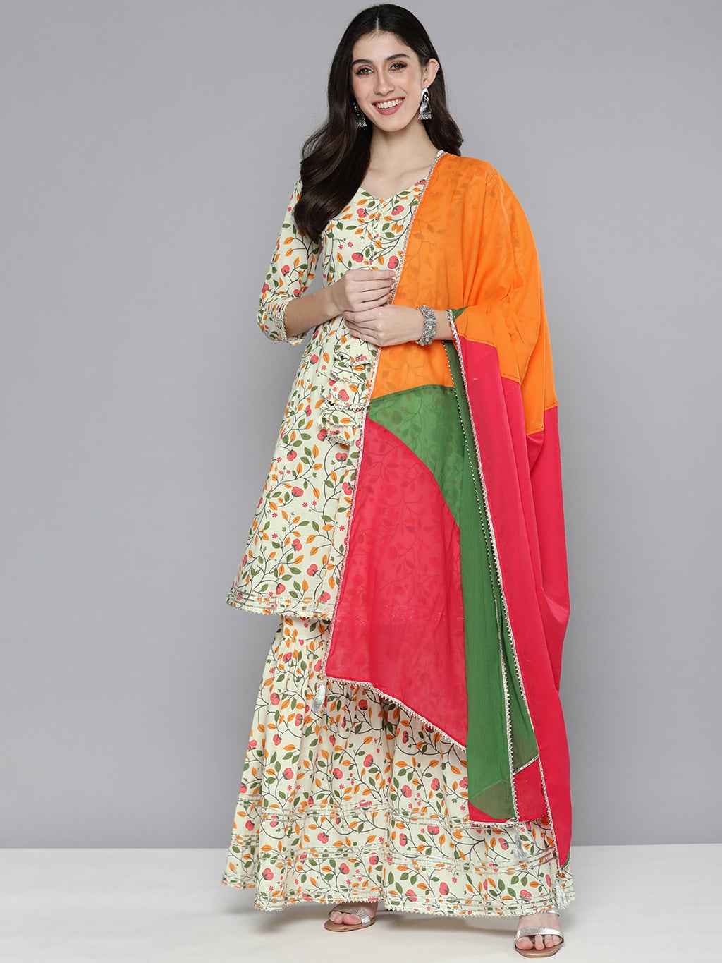 HERE&NOW Women Floral Printed Gotta Patti Pure Cotton Kurta with Sharara & Dupatta