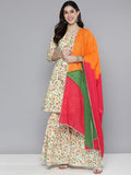 HERE&NOW Women Floral Printed Gotta Patti Pure Cotton Kurta with Sharara & Dupatta