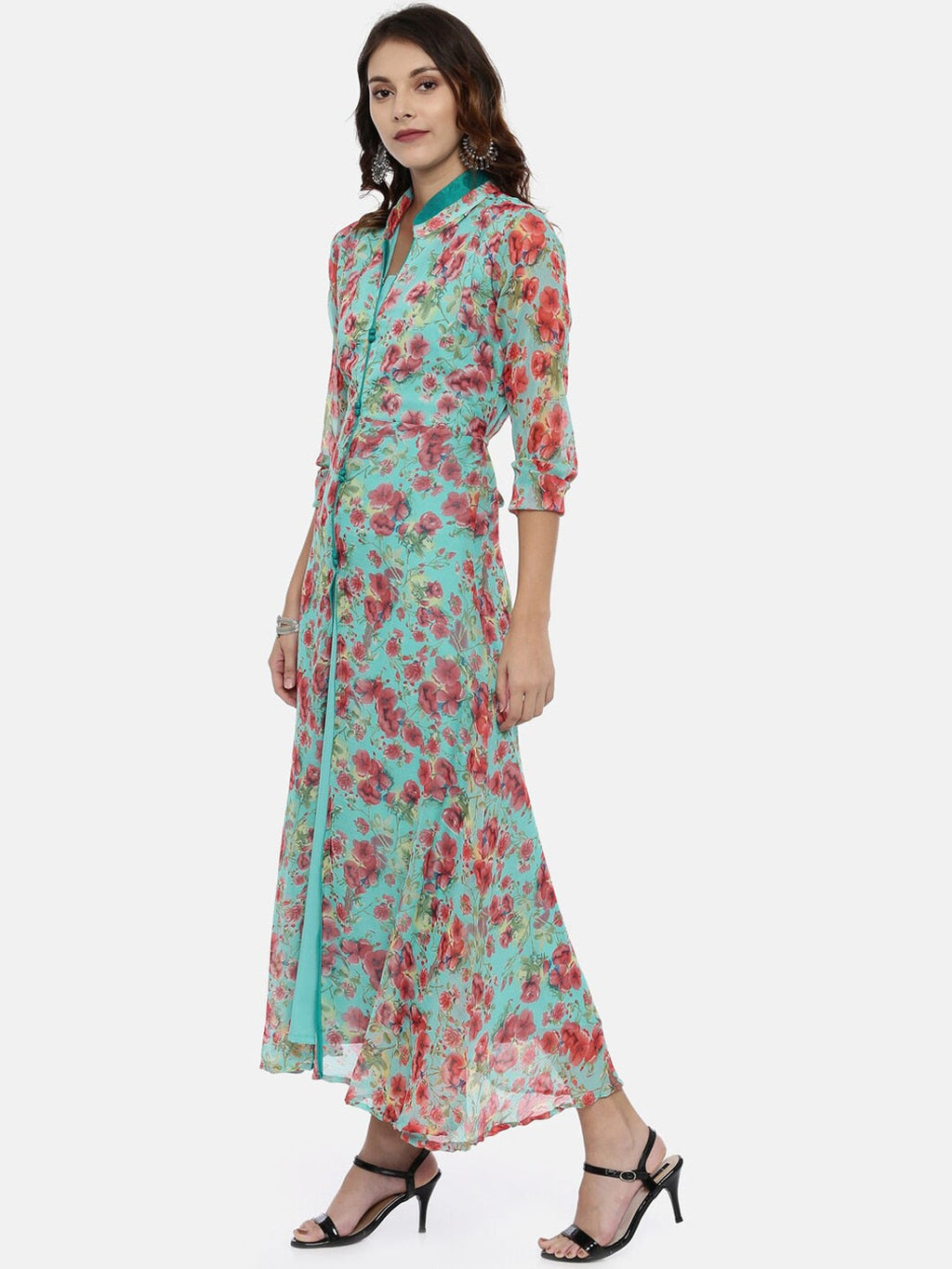 Souchii Turquoise Blue & Pink Floral Print Ethnic Maxi Dress