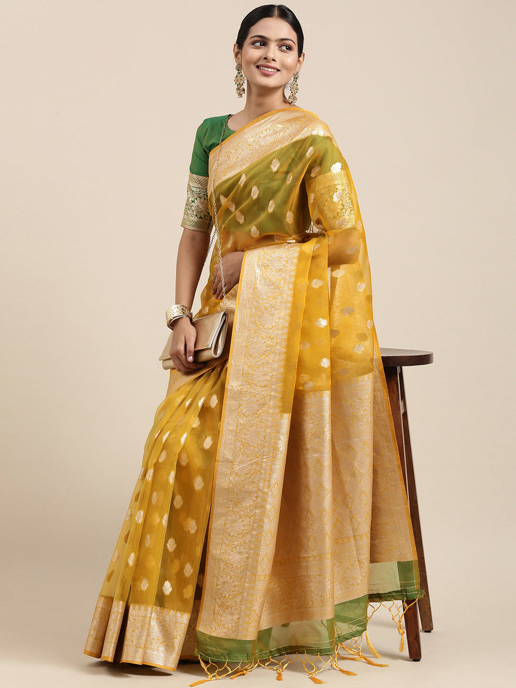 Saree Mall Mustard Ethnic Motifs Zari Organza Banarasi Saree