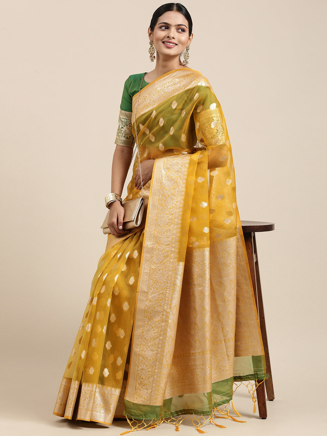 Saree Mall Mustard Ethnic Motifs Zari Organza Banarasi Saree