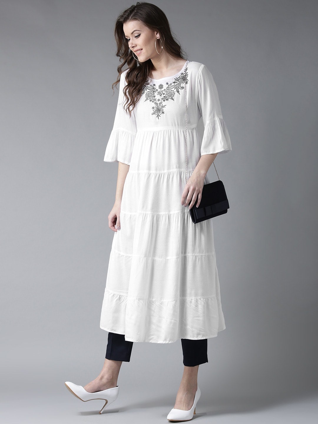 HERE&NOW Women White Yoke Design Anarkali Kurta