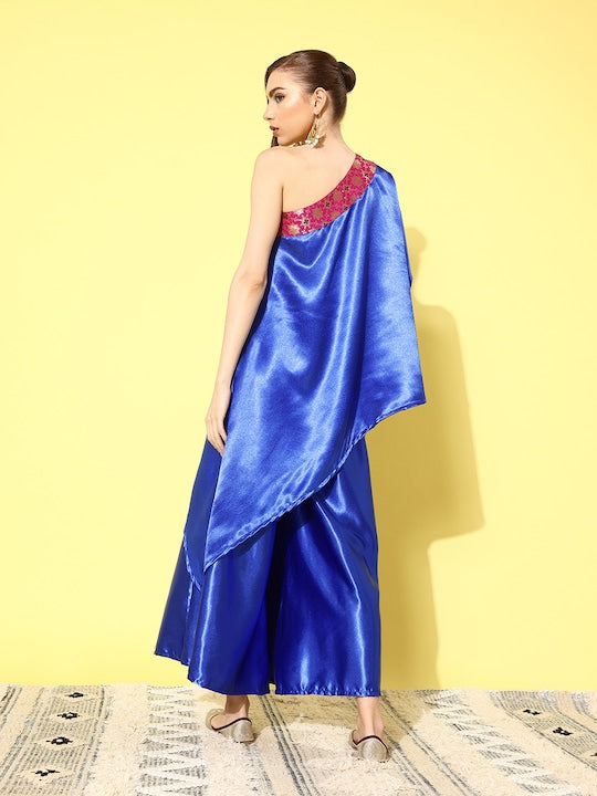 InWeave Women's Blue Pink Brocade Satin Oneshoulder Kurta Set