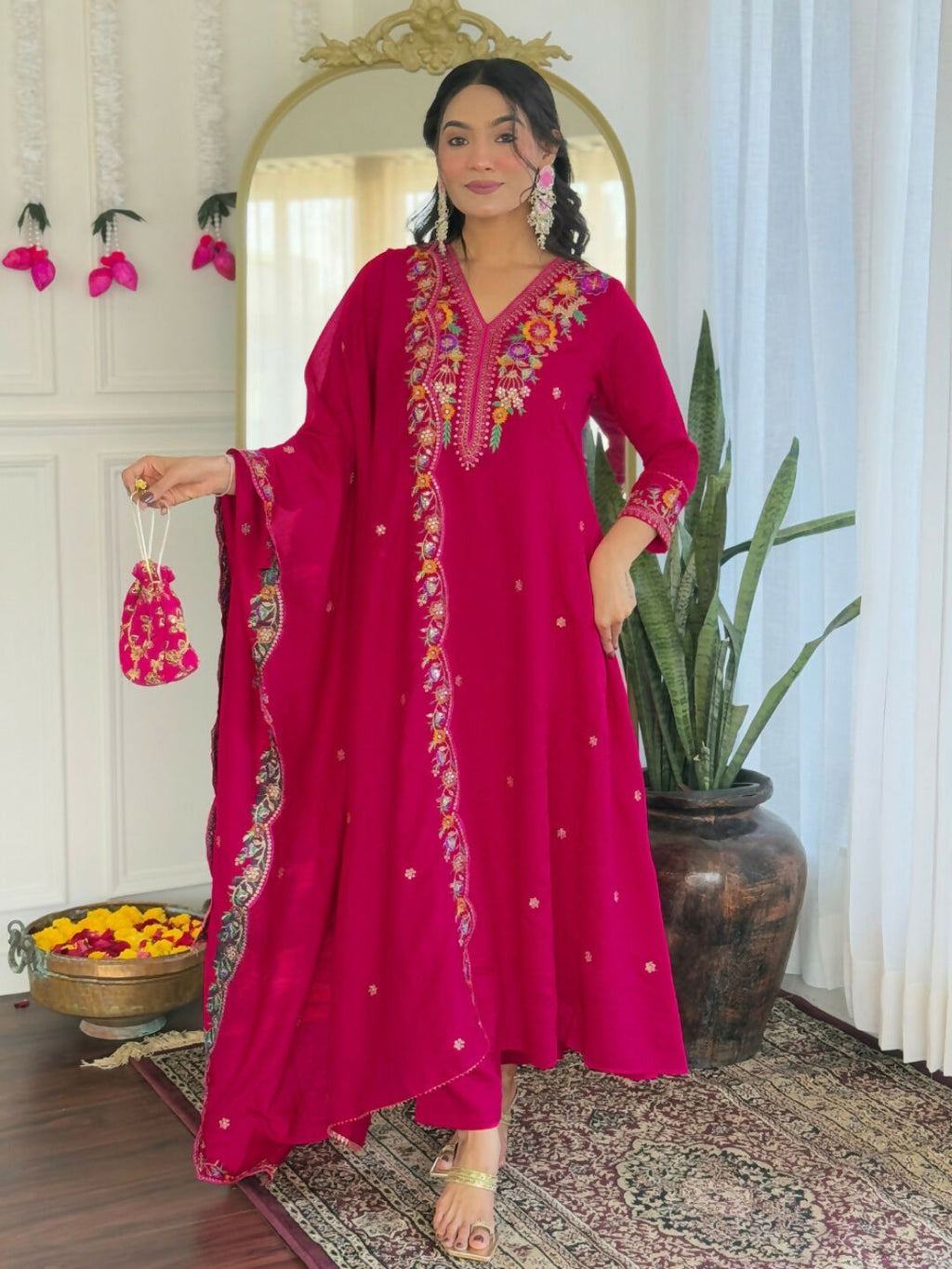 The52 Rani Women's Beautiful Embroidered Work Vichitra Silk Fabric Straight Kurta Pant and Dupatta Set