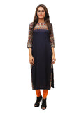 Women's Navy Printed Yoke And Sleeves, Round Neck Kurti - G & A Apparels