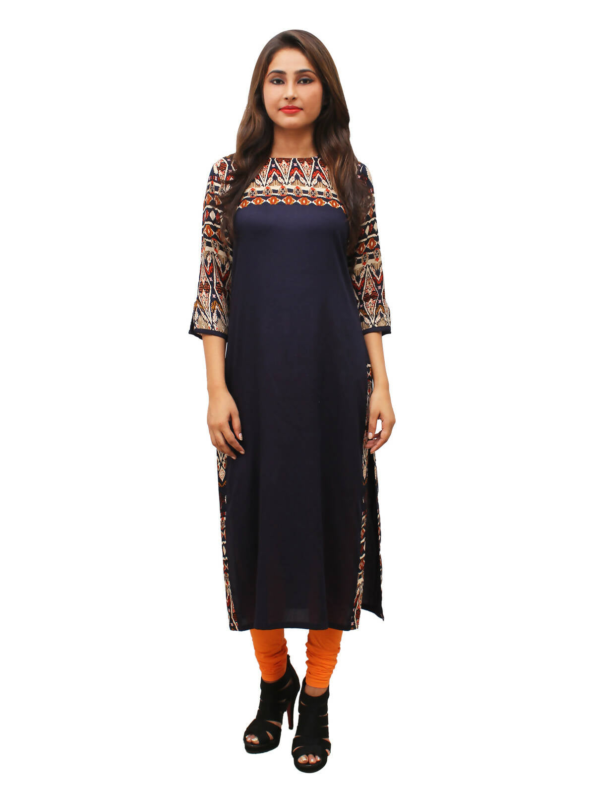 Women's Navy Printed Yoke And Sleeves, Round Neck Kurti - G & A Apparels