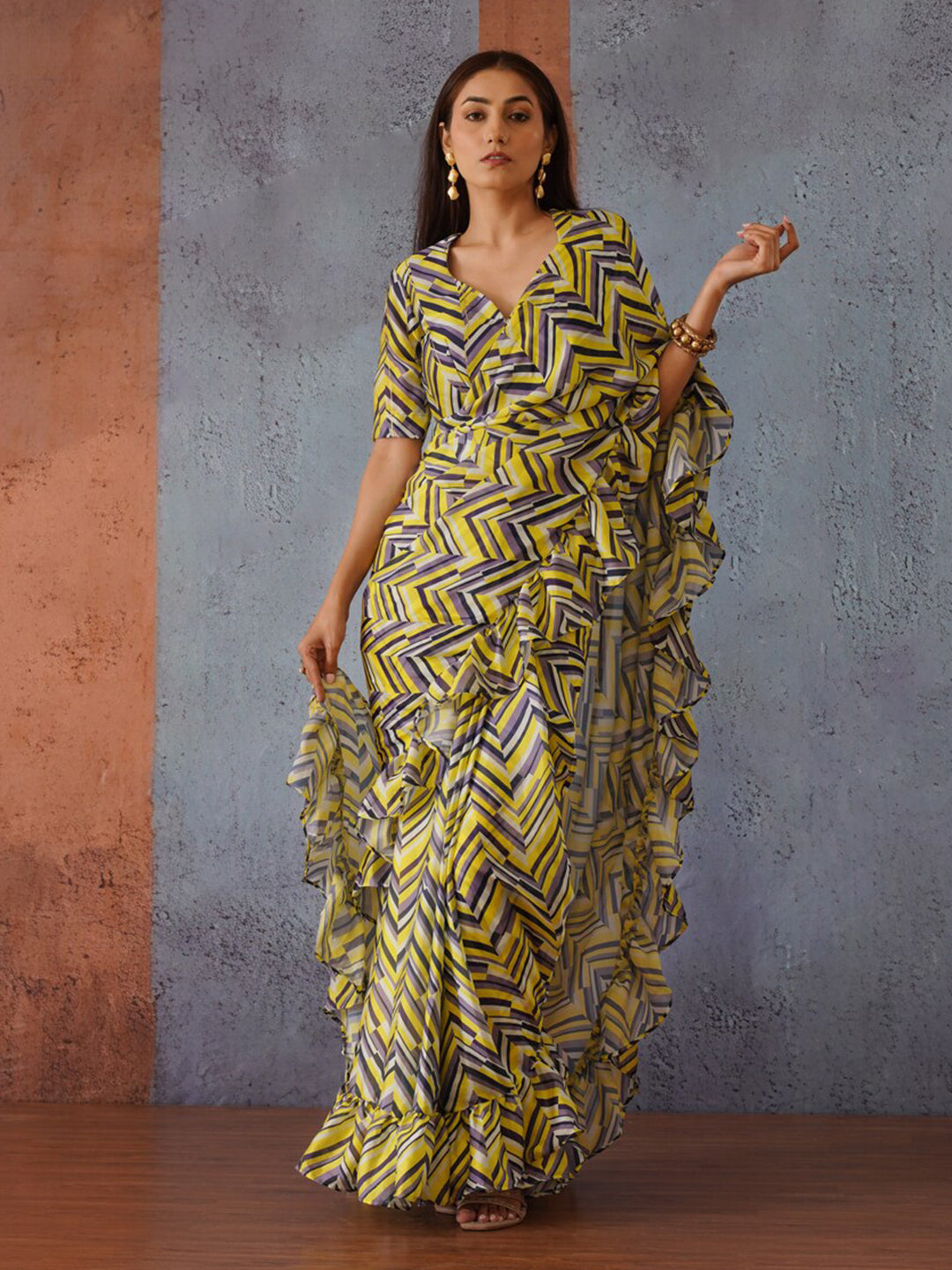 Tikhi Imli Geometric Digital Printed Ruffled Ready to Wear Saree