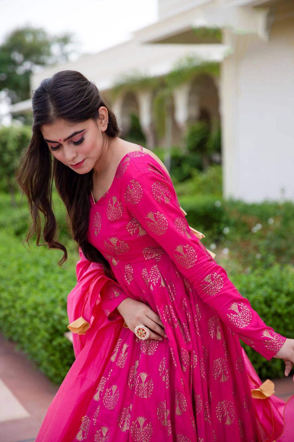 Pink Pure Reyon Gold Foil Work Stitched Suit With Dupatta - Anbazaar