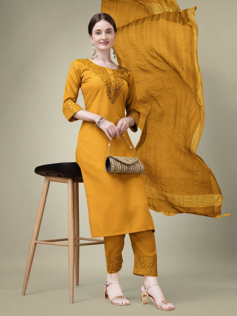 Jyoti Fashion Women's Mustard Cotton Blend Embroidery & Sequence work Kurta with Trouser & Dupatta