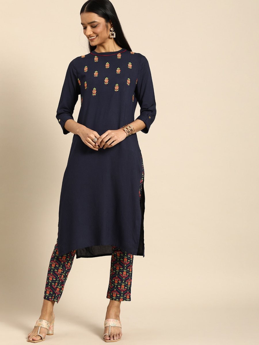 All About You Women Navy Blue Floral Embroidered Regular Thread Work Kurta with Trousers