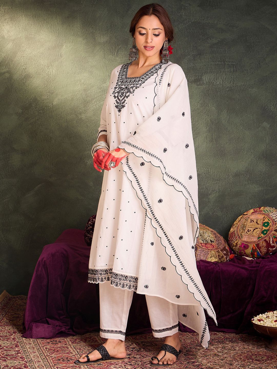 Indo Era Floral Embroidered Thread Work Pure Cotton Kurta With Trousers & Dupatta