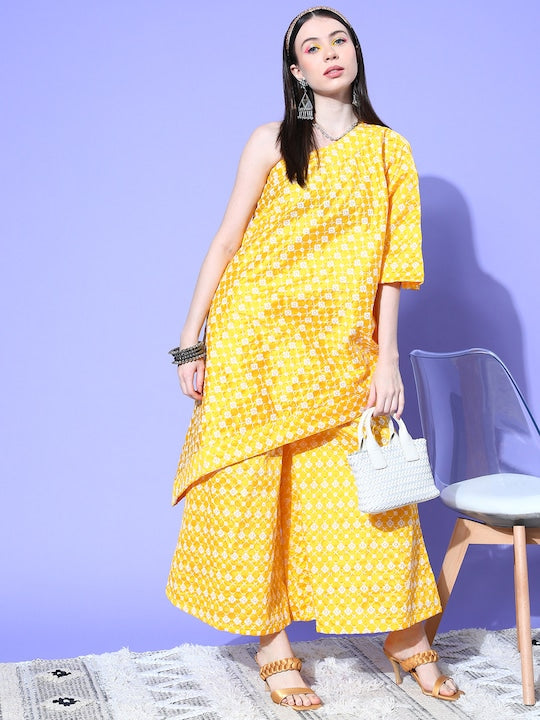 InWeave Women's Light Yellow Mirror Work Oneshoulder Kurta Set