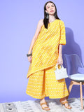 InWeave Women's Light Yellow Mirror Work Oneshoulder Kurta Set