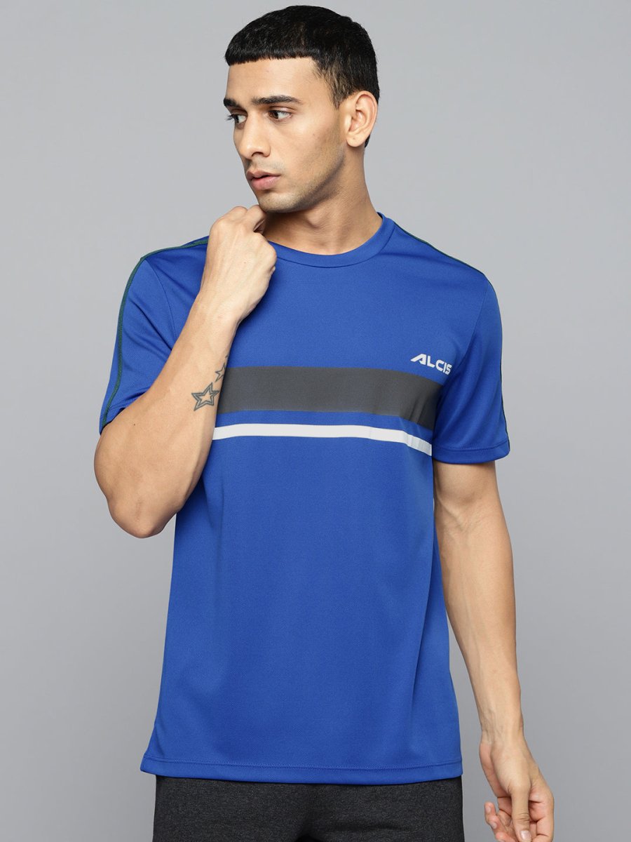 Alcis Men Blue & Black Striped Detail Slim Fit T-shirt