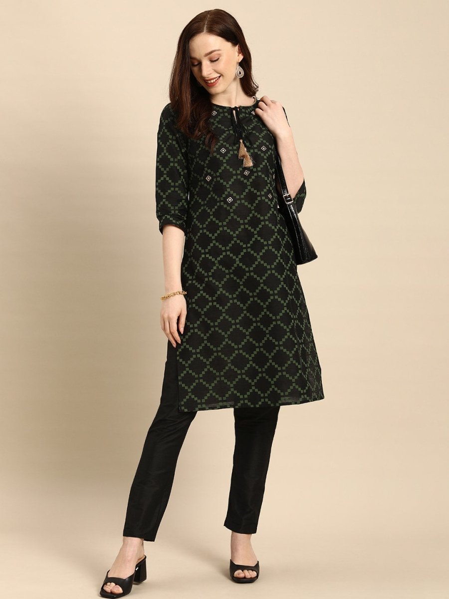 All About You Women Black & Green Printed Kurta with Trousers