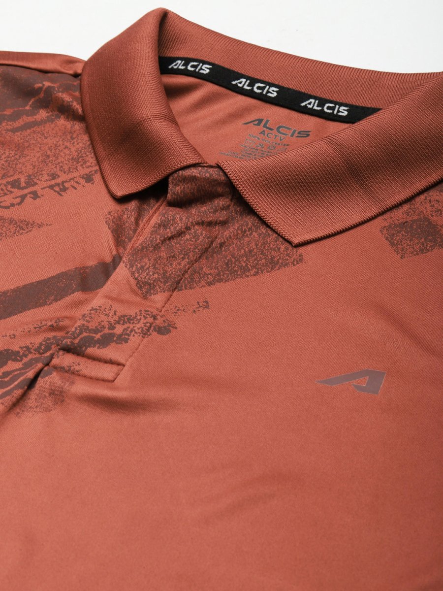 Alcis Men Rust Printed Polo Collar Slim Fit T-shirt