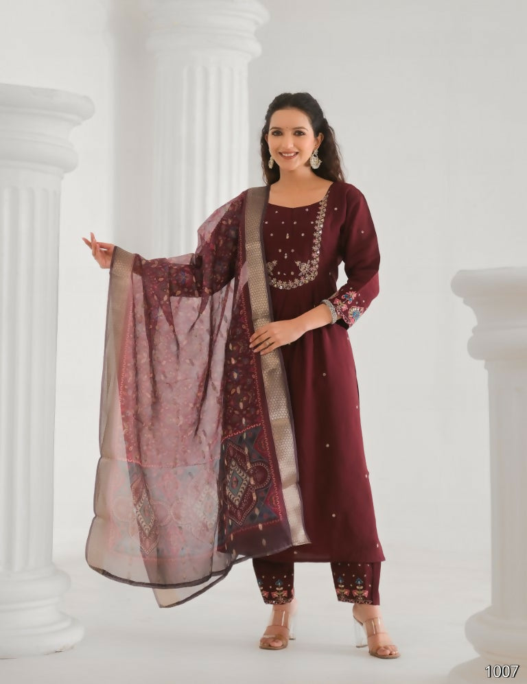 Festive Ethnic Viscose Chanderi Maroon Stitched Suit With Dupatta - Rashmika