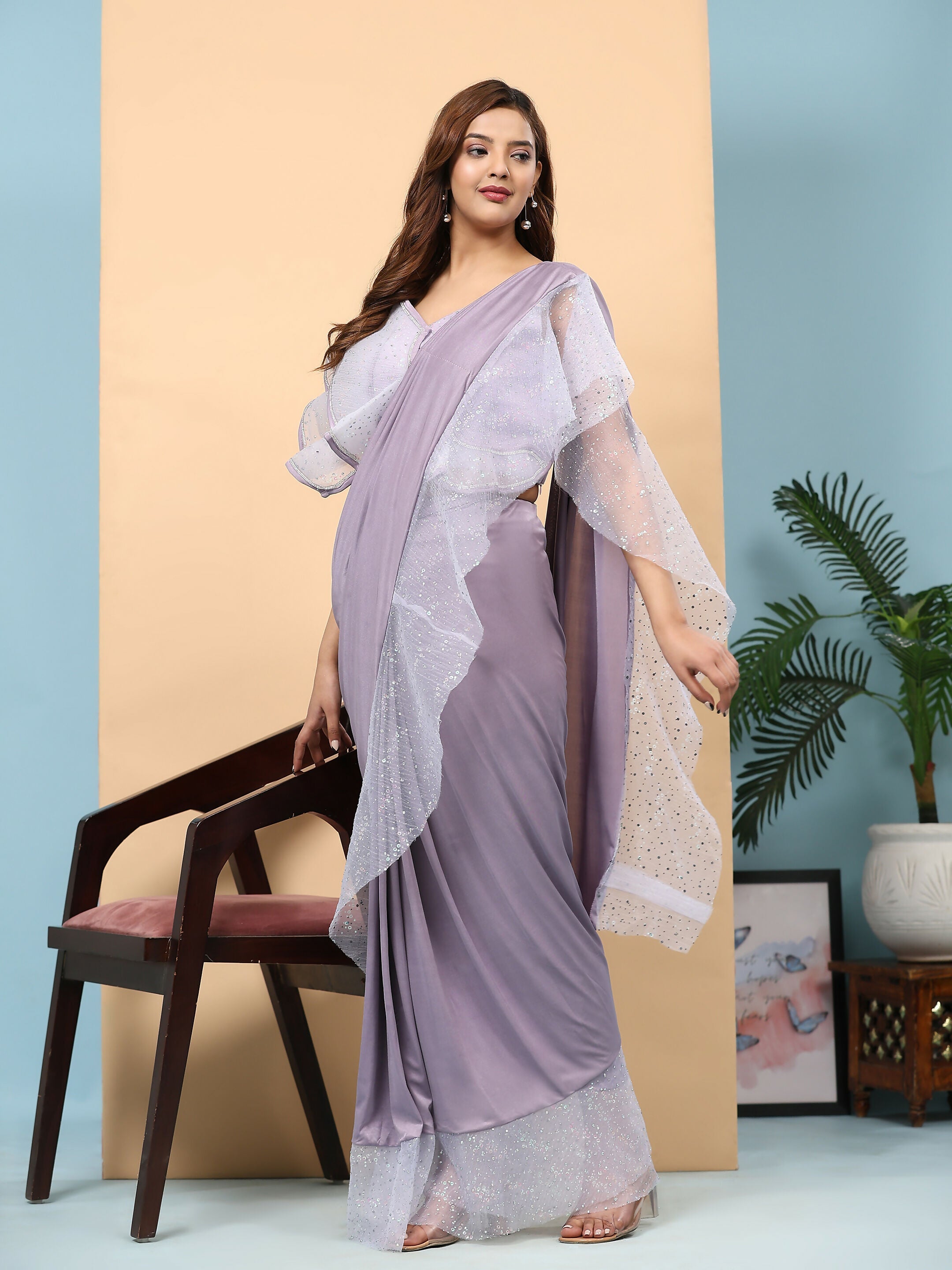 Light Purple Lycra Solid Ready to Wear Saree with stitched Blouse - Nita
