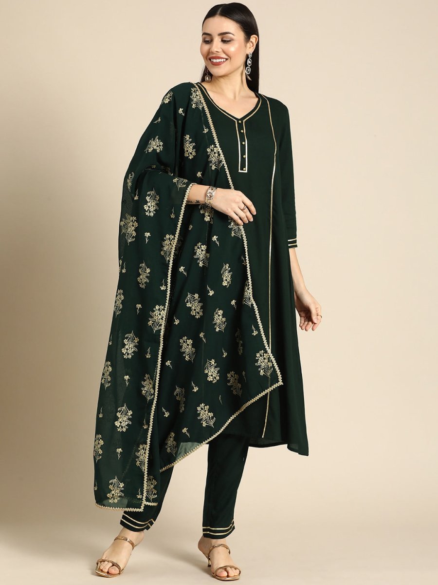 All About You Women Green & Gold-Toned Gotta Patti Kurta with Trousers & With Dupatta