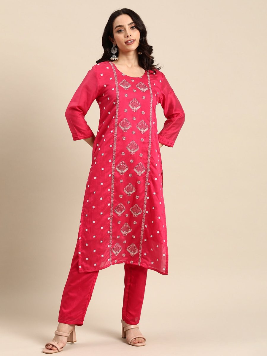 All About You Ethnic Motifs Embroidered Chanderi Silk Kurta with Trousers