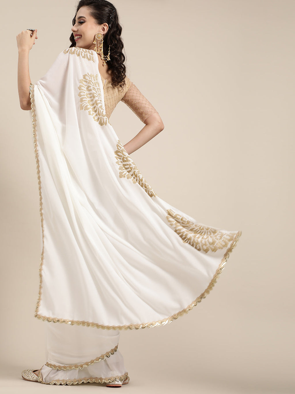 Saree Mall Off White & Golden Ethnic Motifs Saree