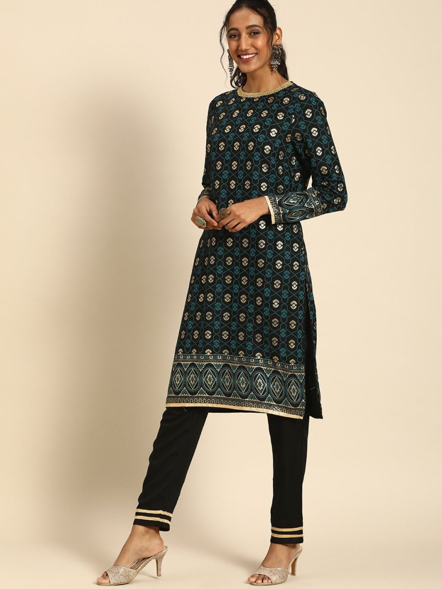 All About You Women Black & Gold-Toned Floral Printed Regular Kurta with Trousers