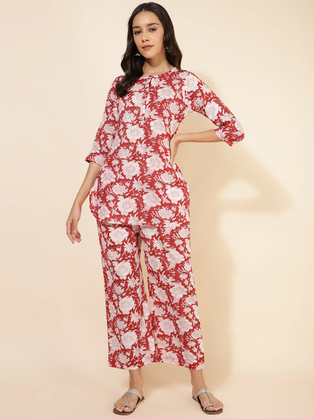 Janasya Women's Red Cotton Cambric Floral Printed Casual Straight Top Set