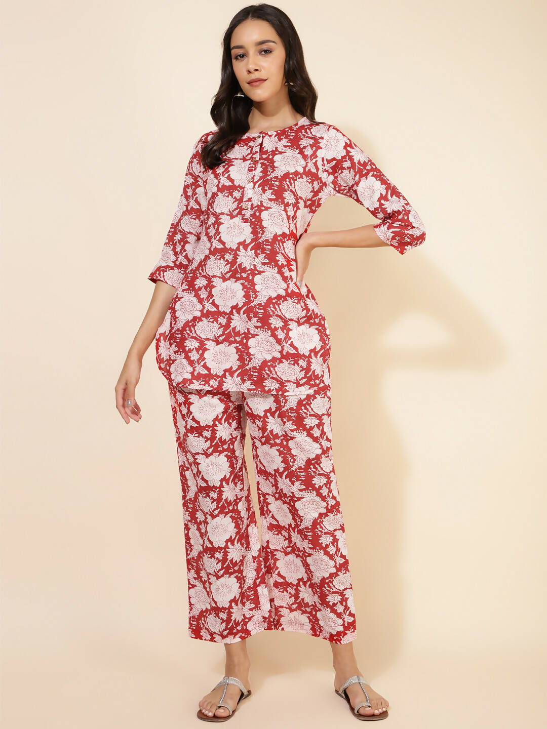 Janasya Women's Red Cotton Cambric Floral Printed Casual Straight Top Set