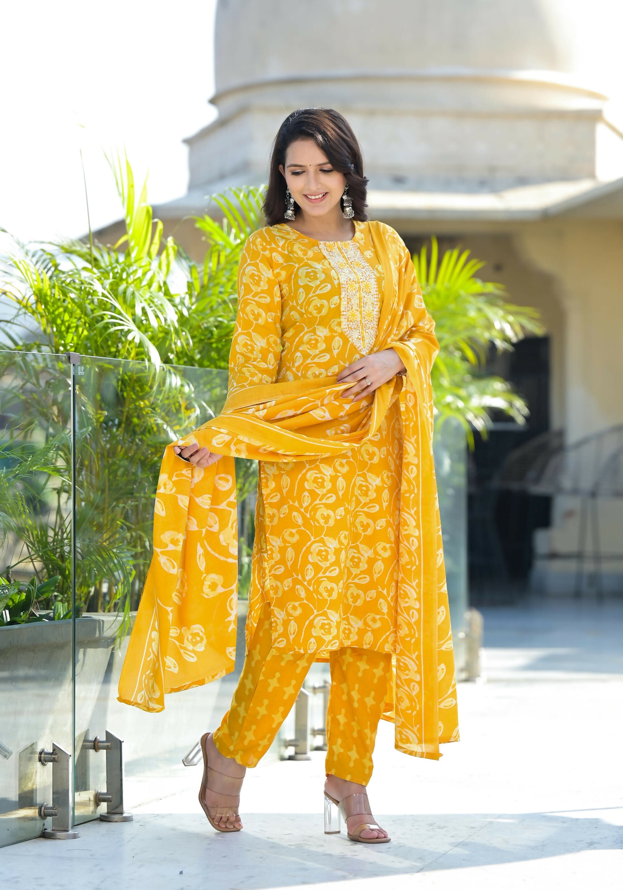 Juniper Women's Mustard Floral Printed Cotton Kurta Set With Thread Work & Sequins