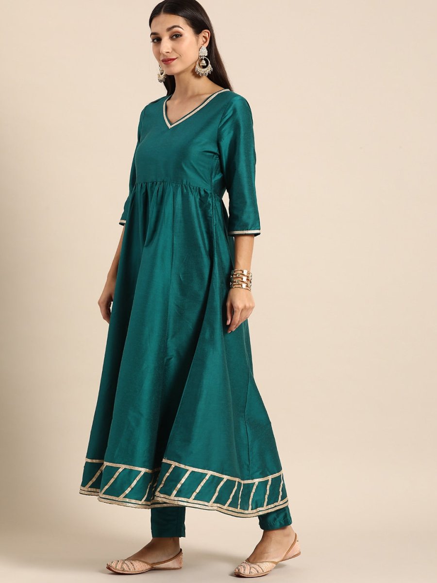 All About You Women Teal Green Solid V-Neck Anarkali Kurta with Trousers & Dupatta