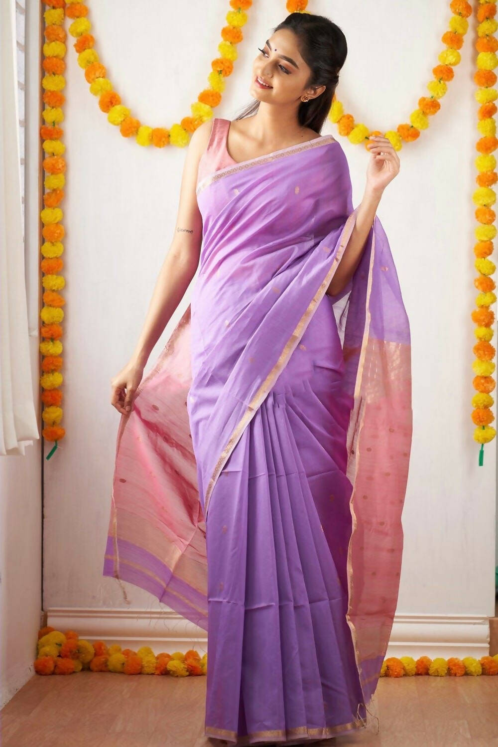 DEIANA'S Beautiful Designer Golden zari Soft Cotton Saree - Lavender