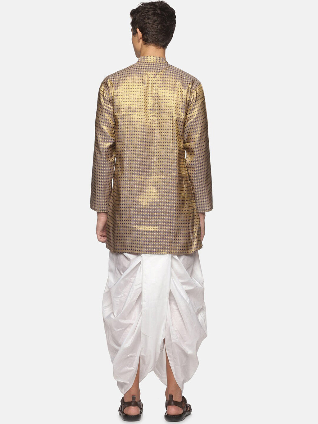 Sethukrishna Men Gold-Toned Bandhani Printed Art Silk Kurta with Dhoti Pants