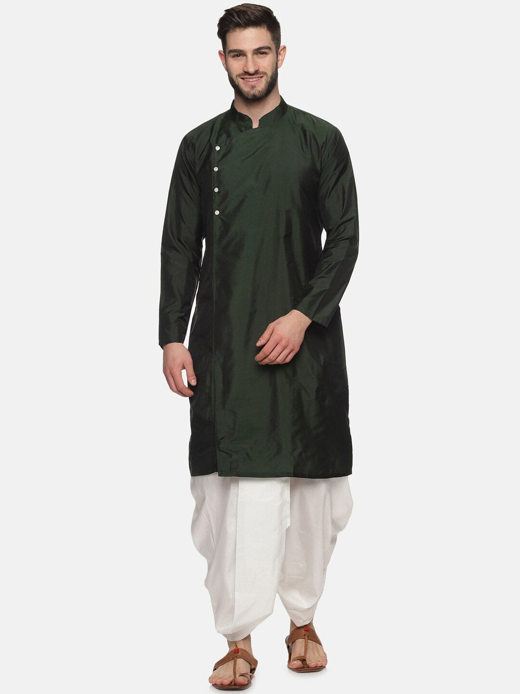 Sethukrishna Men Green Angrakha Kurta with Dhoti Pants