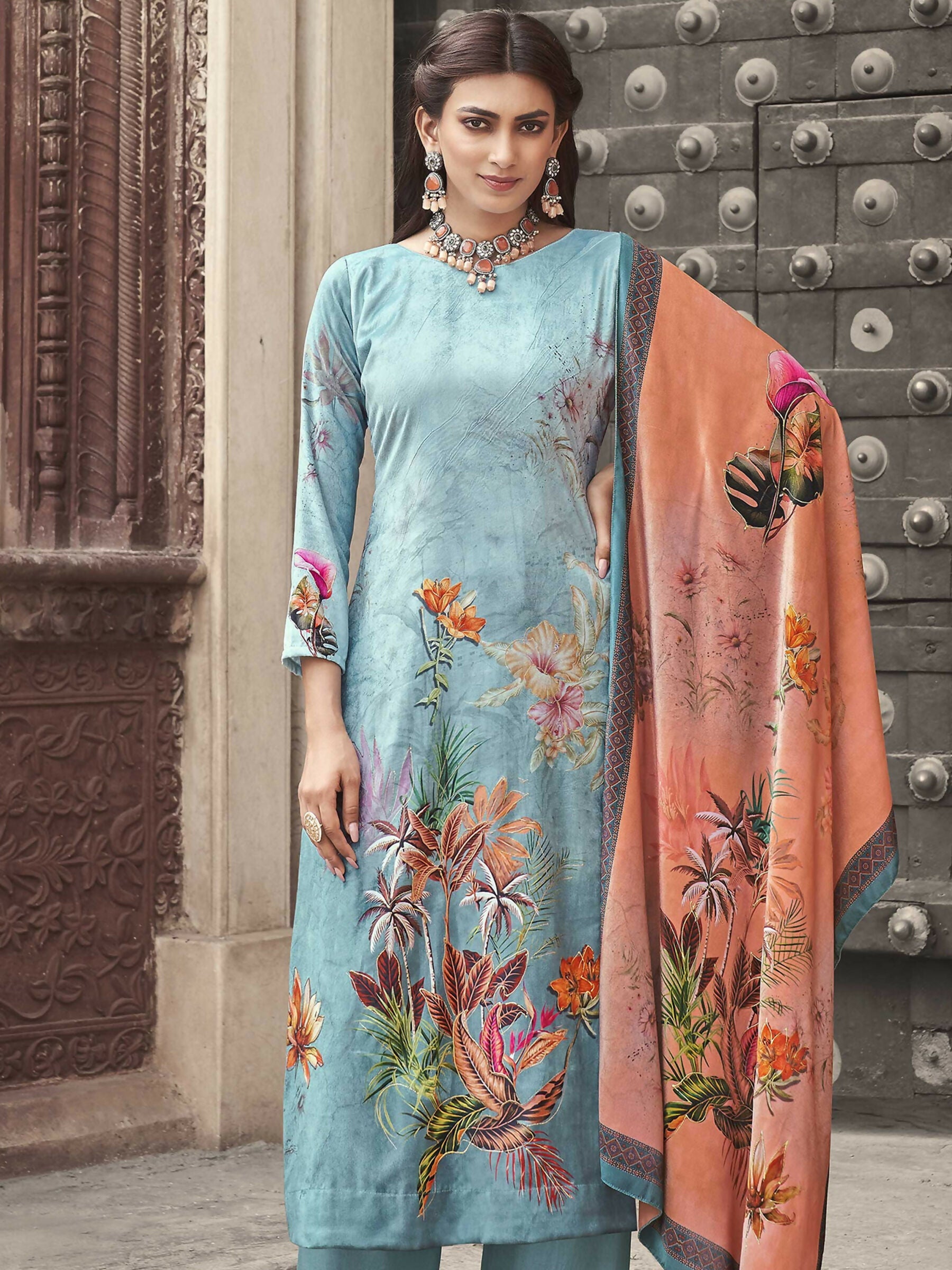 Jyoti Fashion Women's Sky Blue Velvet Floral Digital Printed Kurta with Trouser & Dupatta