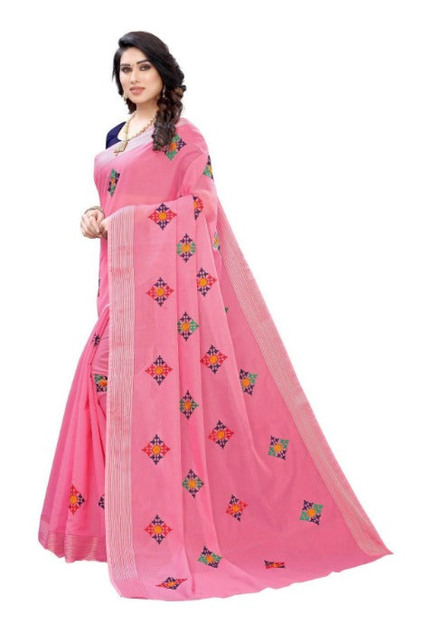 Vamika Chanderi Cotton Embroidery Pink Saree (Dixa Pink)