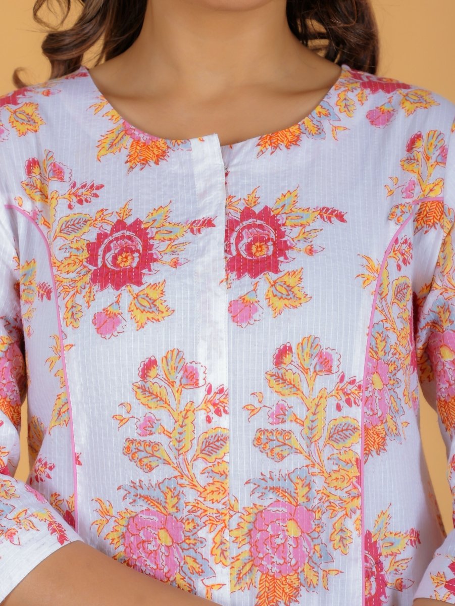 Aramya A-line Kantha Cotton Floral Print Women's Kurta - White