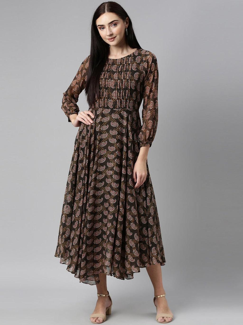 Souchii Olive Green & Red Ethnic Motifs Printed Chiffon A-Line Maxi Dress