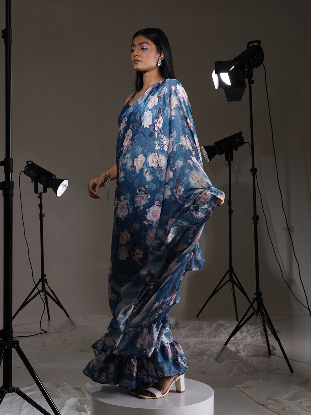 Tikhi Imli Blue Floral Printed Satin Ruffles Saree
