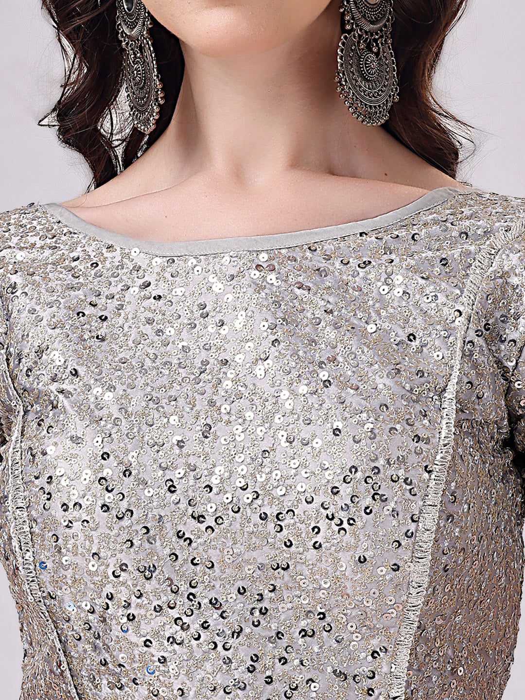 Tikhi Imli Grey Embellished Boat Neck Sequinned Detailed Saree Blouse