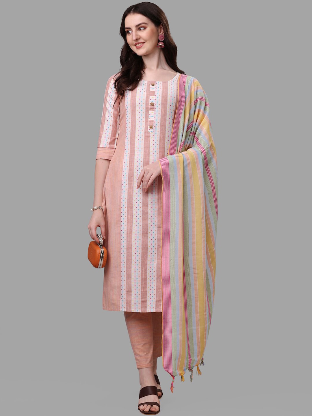 HERE&NOW Peach & White Striped Pure Cotton Kurta With Trousers & Dupatta