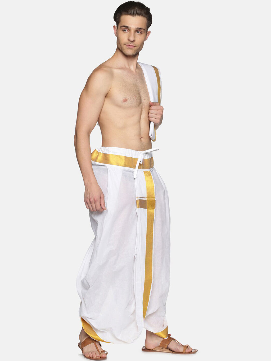 Sethukrishna Men White & Gold-Toned Solid Ready Made Dhoti Pants