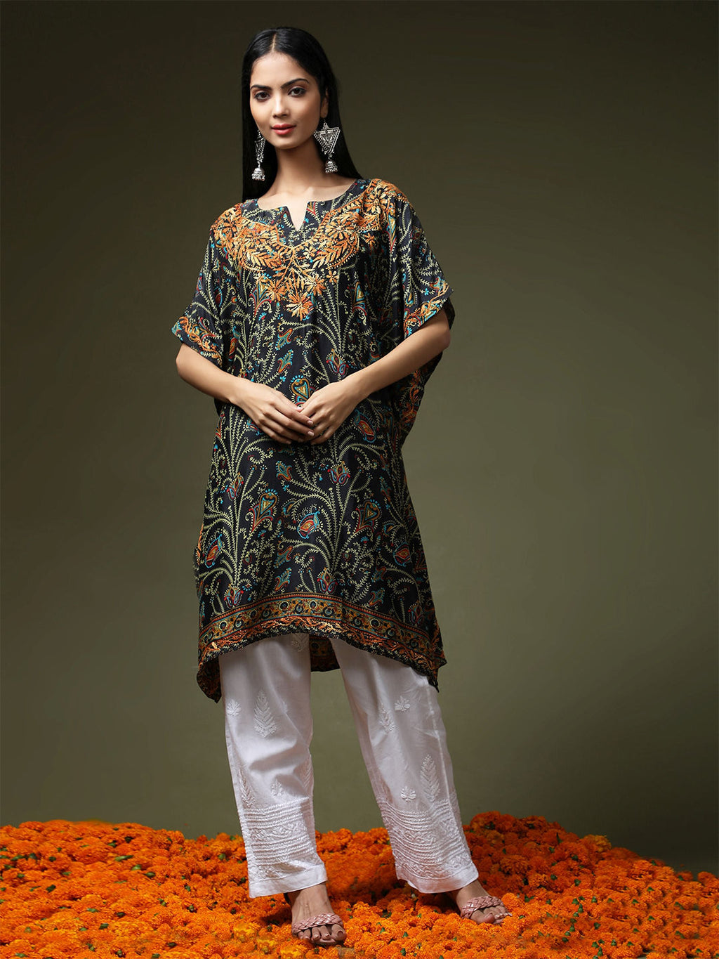 HOUSE OF KARI Ethnic Motifs Printed Chikankari Embroidery Cotton Kaftan Kurta