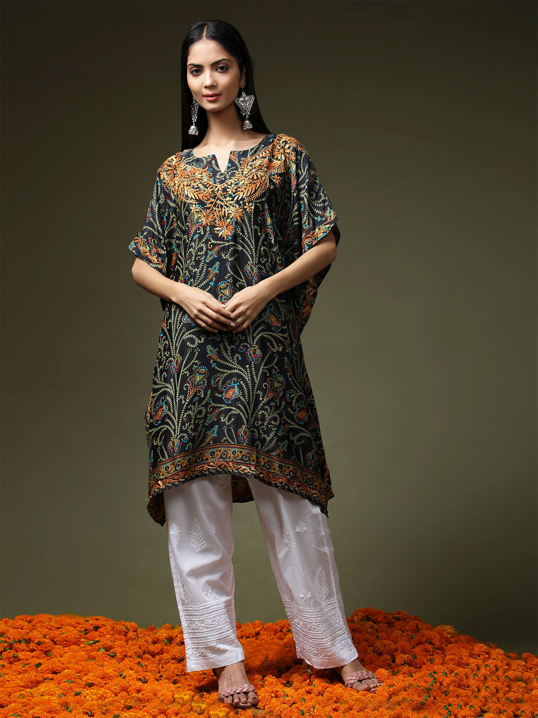 HOUSE OF KARI Ethnic Motifs Printed Chikankari Embroidery Cotton Kaftan Kurta