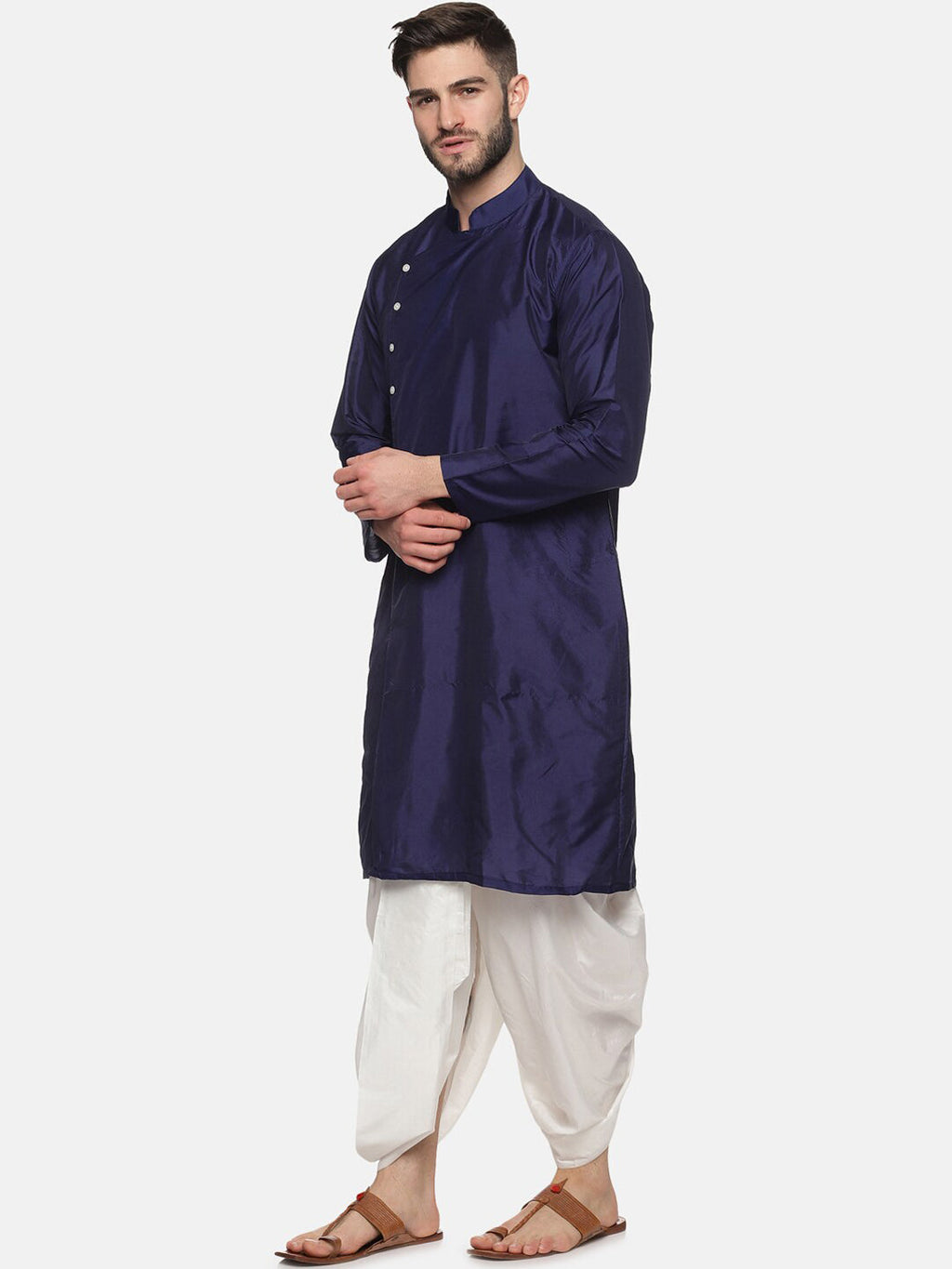 Sethukrishna Men Navy Blue Angrakha Kurta with Dhoti Pants