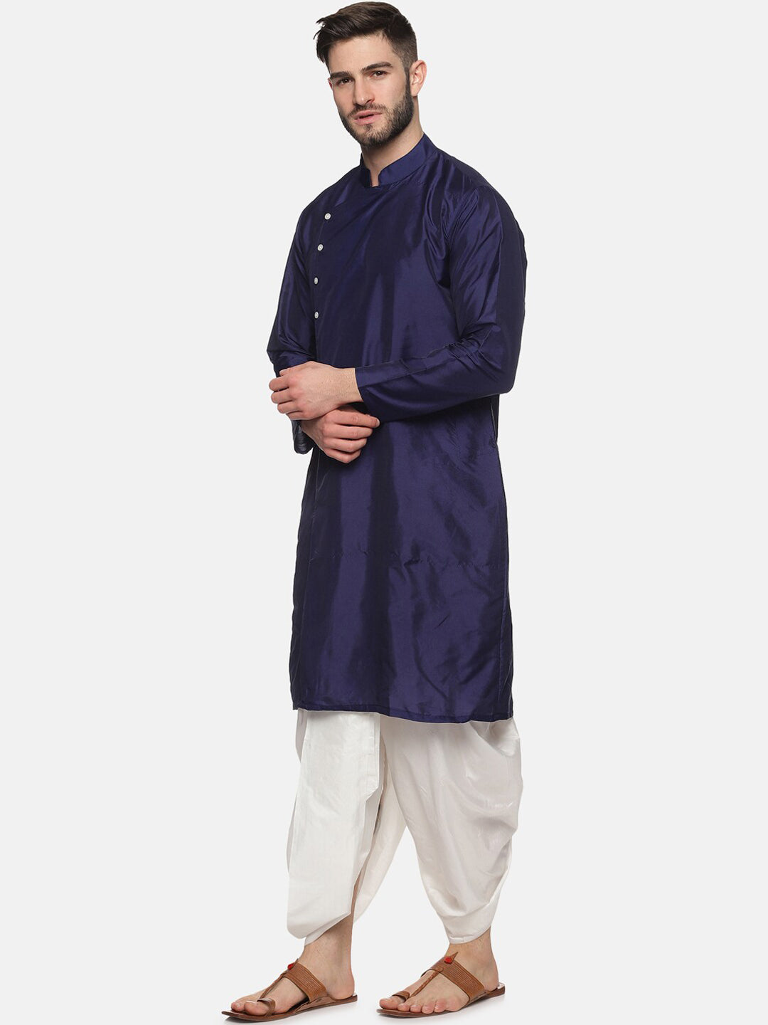 Sethukrishna Men Navy Blue Angrakha Kurta with Dhoti Pants