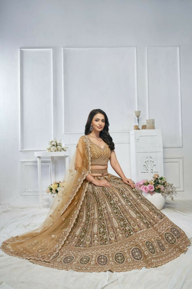 Kesar Fab Brown Net Embroidered Lehenga